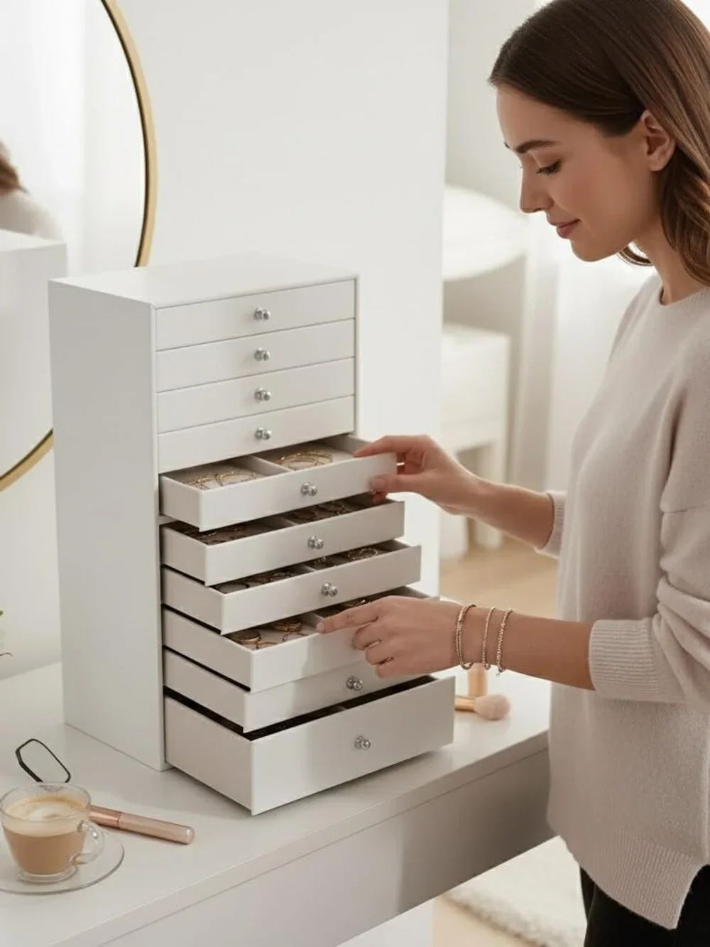 Elegant 10-Drawer Jewelry Organizer with Dustproof Faux Leather Finish